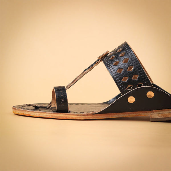 Kids black Kolhapuri chappal with handcrafted cutwork strap and toe loop