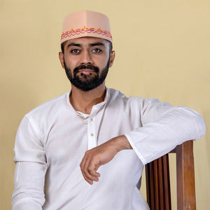 Beige Embroidered Signature Topi – Elegant Heritage Cap