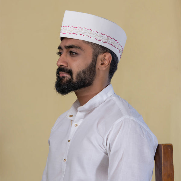 White Topi with Red Embroidery – Festive Ethnic Cap