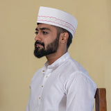 White Topi with Red Embroidery