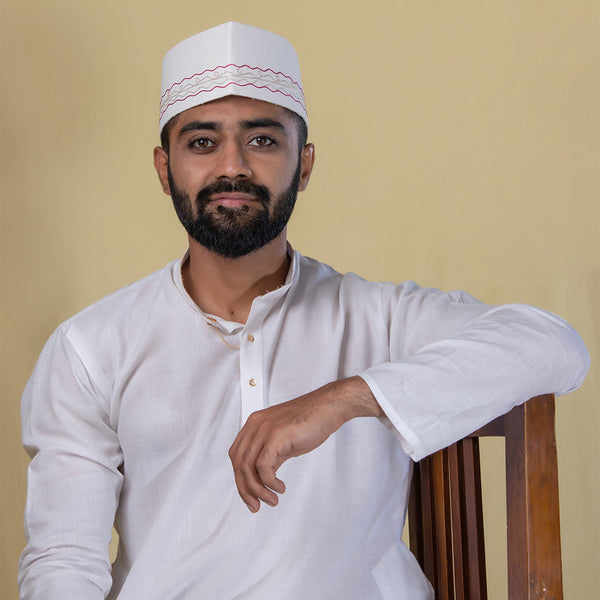 White Topi with Red Embroidery – Festive Ethnic Cap