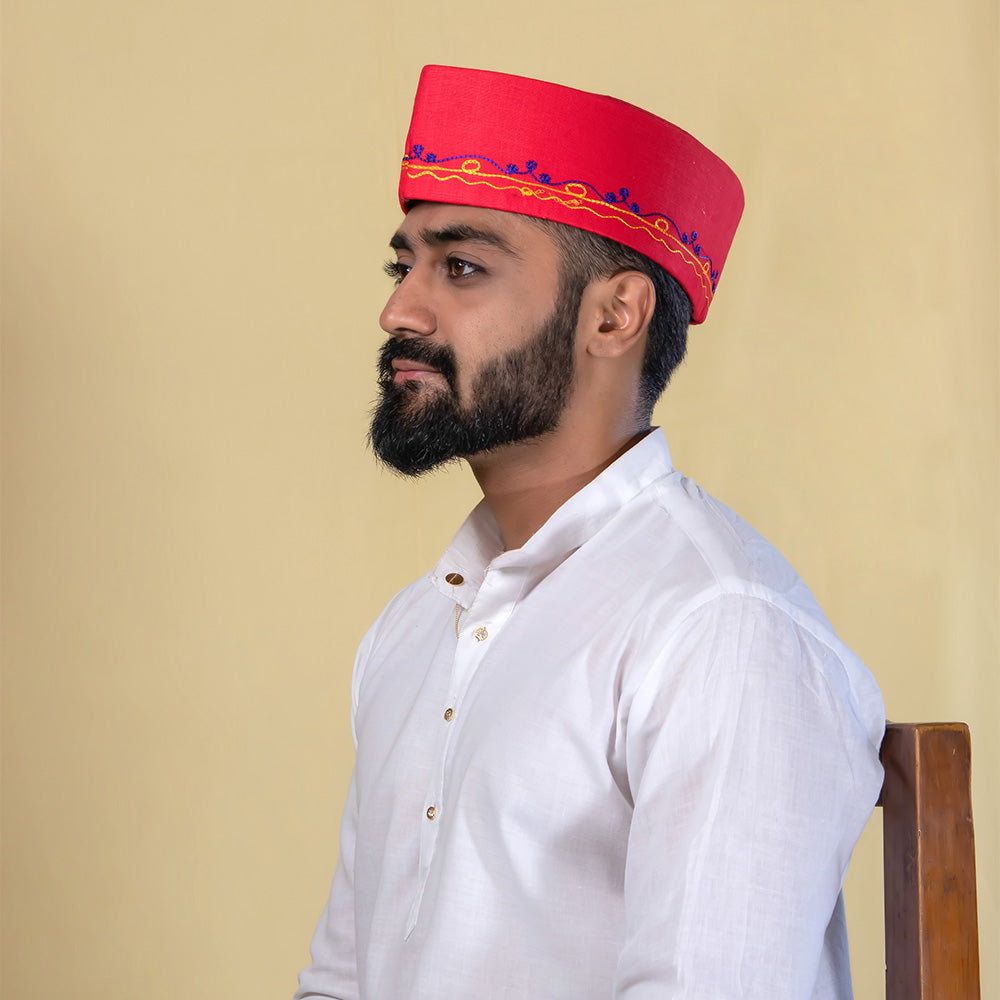 Topi Red Ribbon Red Embroidered Polyester Topi β Bold Festive Heritage Cap β Kalapuri