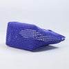 Close-up of woman holding Kalapuri royal blue Koodai tote bag handle