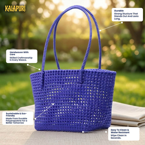 Top view of Kalapuri royal blue Koodai tote bag showing spacious woven interior