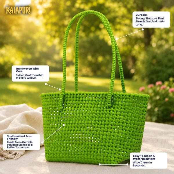 Top view of Kalapuri parrot green Koodai tote bag showing spacious woven interior