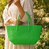 Kalapuri handmade bright green Koodai tote bag, base and structure view