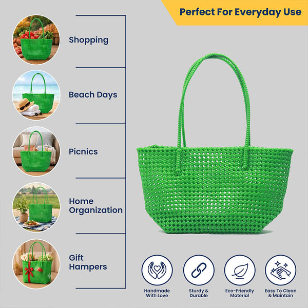 Kalapuri handmade bright green Koodai tote bag, angled view showing woven texture