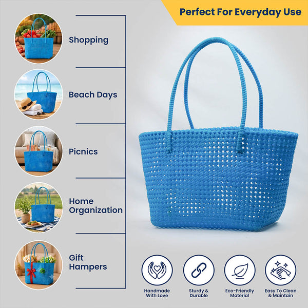 Kalapuri handmade sky blue Koodai tote bag, angled view showing woven texture