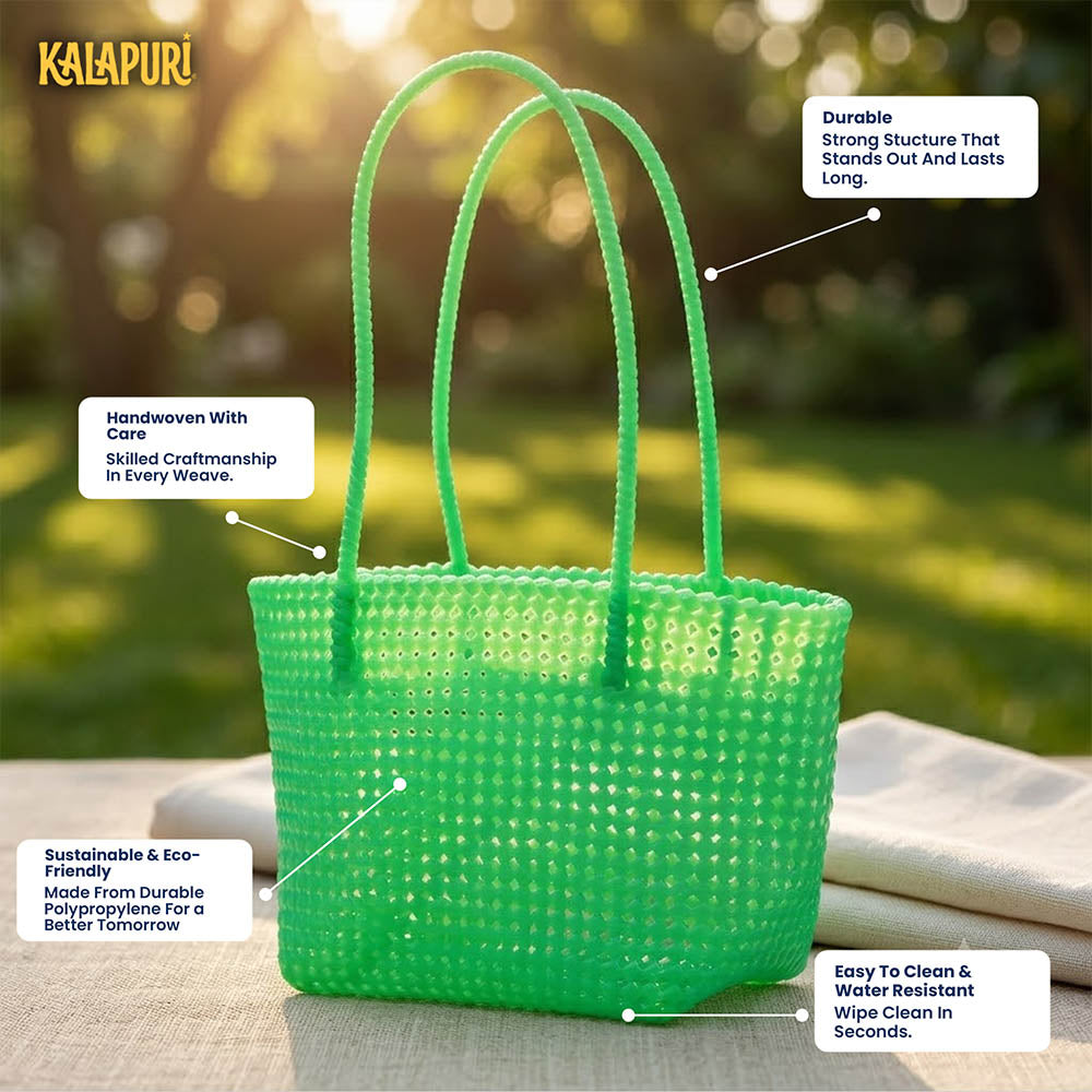 Top view of Kalapuri mint green Koodai tote bag showing spacious woven interior