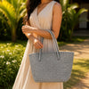 Kalapuri handmade gray Koodai tote bag, base and structure view