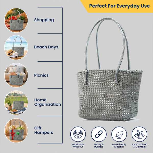 Kalapuri handmade gray Koodai tote bag, angled view showing woven texture