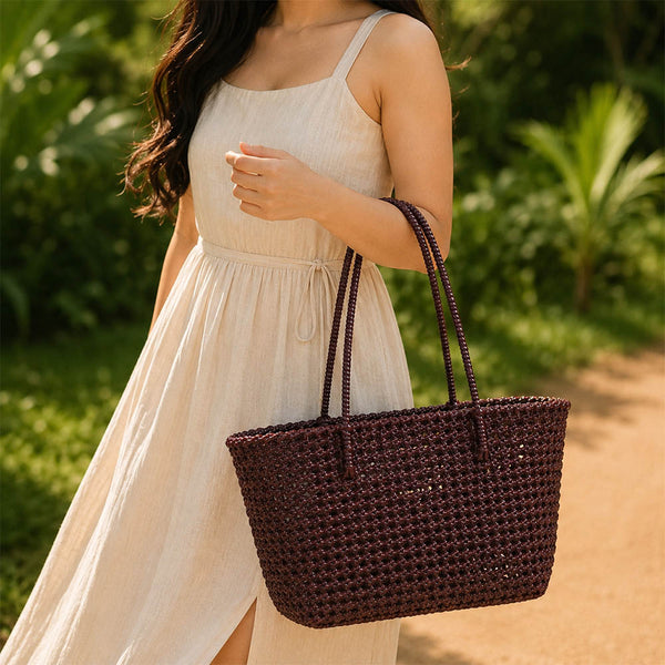 Kalapuri handmade maroon Koodai tote bag, base and structure view
