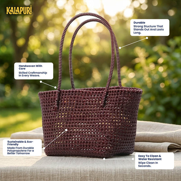 Top view of Kalapuri maroon Koodai tote bag showing spacious woven interior