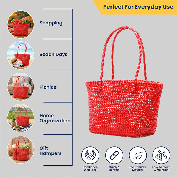 Kalapuri handmade red Koodai tote bag, angled view showing woven texture
