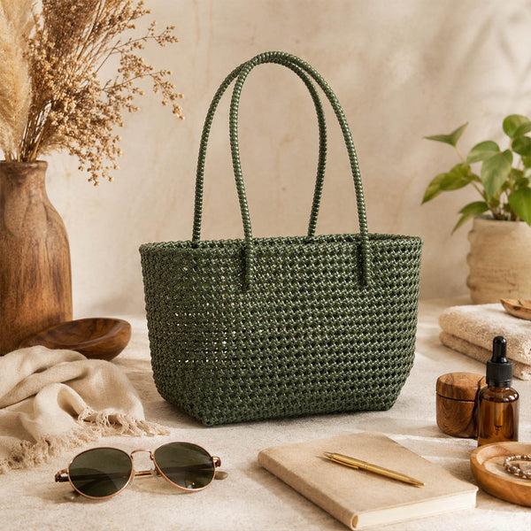 Kalapuri handmade olive green Koodai tote bag, front view on plain background