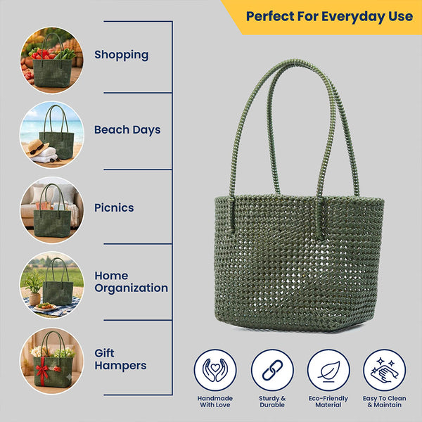 Kalapuri handmade olive green Koodai tote bag, angled view showing woven texture
