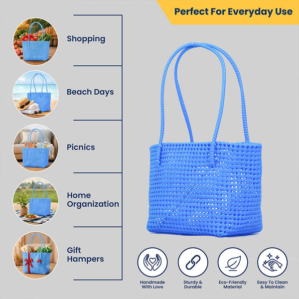 Kalapuri handmade cornflower blue Koodai tote bag, angled view showing woven texture