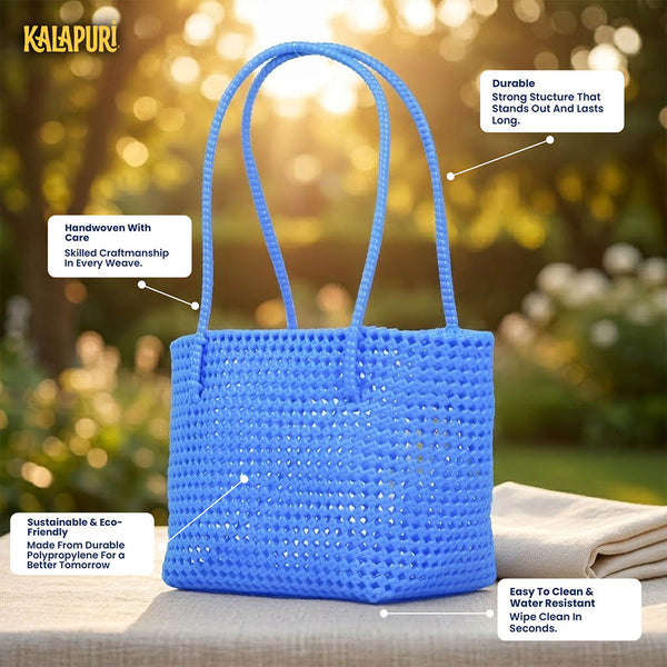 Top view of Kalapuri cornflower blue Koodai tote bag showing spacious woven interior
