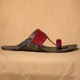 Men's Genuine Leather Kolhapuri Chappal - Grey Red Classic