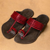 Men's Genuine Leather Kolhapuri Chappal - Grey Red Classic