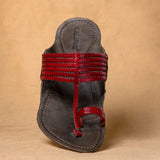 Men's Genuine Leather Kolhapuri Chappal - Grey Red Classic