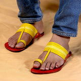 Men's Genuine Leather Kolhapuri Chappal - Red Lemon Burst