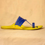 Men's Genuine Leather Kolhapuri Chappal - Lemon Royal Blue Bliss