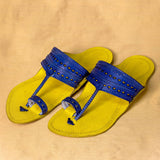 Men's Genuine Leather Kolhapuri Chappal - Lemon Royal Blue Bliss