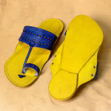 Men's Genuine Leather Kolhapuri Chappal - Lemon Royal Blue Bliss