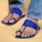 Men's Genuine Leather Kolhapuri Chappal - Royal Blue Grandeur