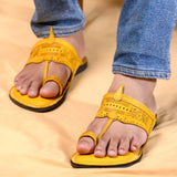 Men's Genuine Leather Kolhapuri Chappal - Golden Yellow Radiance