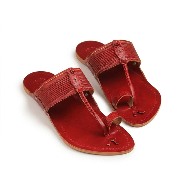 Veer Cherry Red Textured Kolhapuri Flats