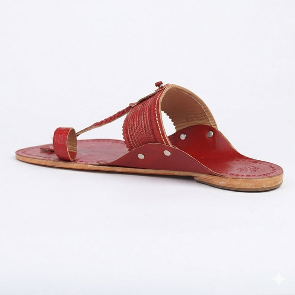 Veer Cherry Red Textured Kolhapuri Flats