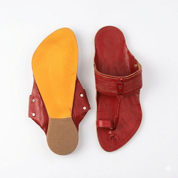 Veer Cherry Red Textured Kolhapuri Flats