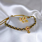 Maharashtrian Golden Black Beads Thushi Necklace for Festive Wear With Earing