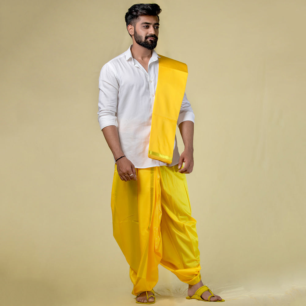 Mustard Readymade Dhoti & Uparna Set - Vibrant Cotton-Silk Ensemble