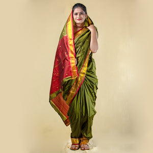 Readymade Mehandi Green Nauvari Saree – Earth-Toned Festive Ease