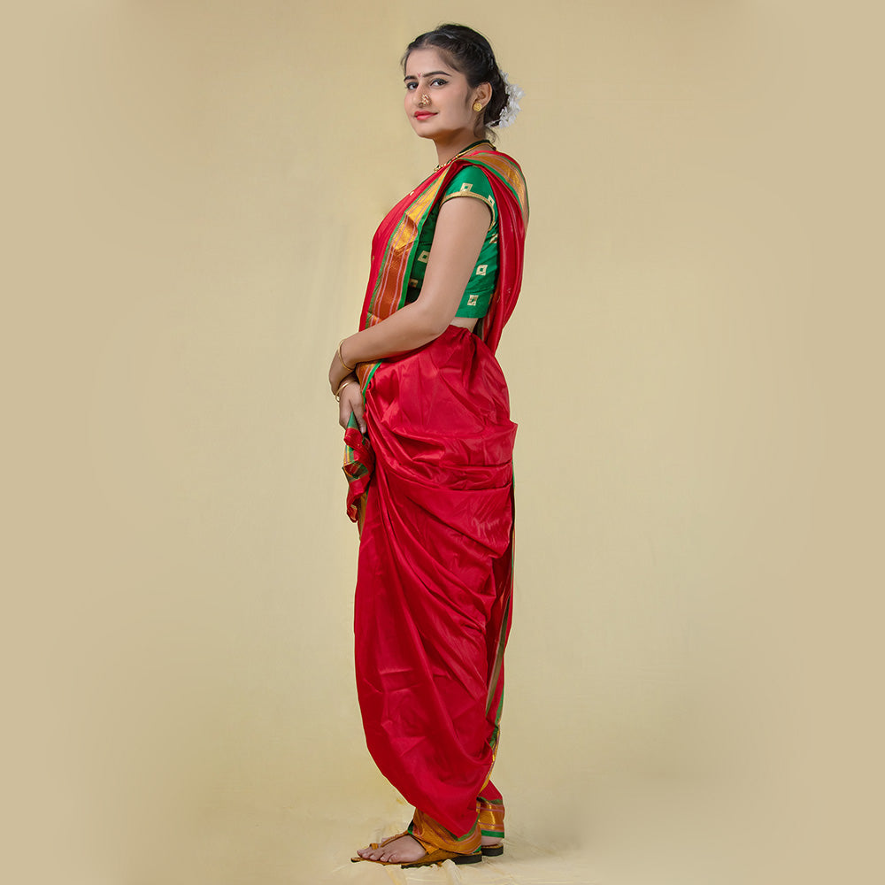 Readymade Red Nauvari Saree - Classic Pre-Stitched Ethnic Drape - view 2