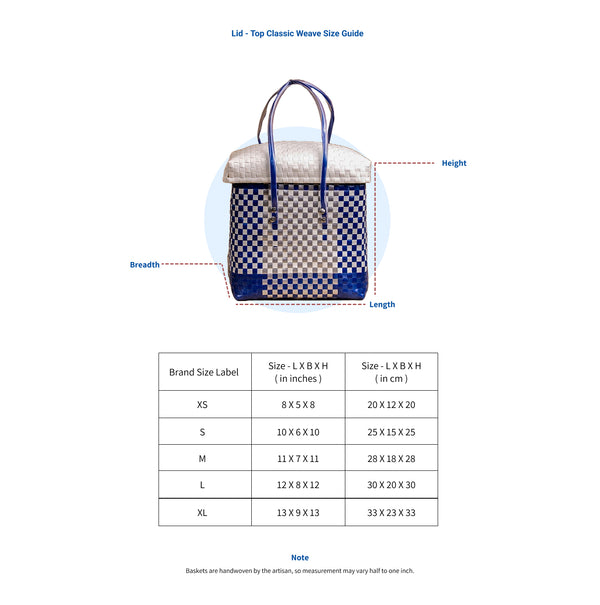 Lid-top handwoven basket size chart – XS to XL dimensions in inches and cm
