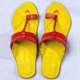 Women's Genuine Leather Kolhapuri Chappal - Footwear Frenzy: Get Funky With Yellow-Red Colors