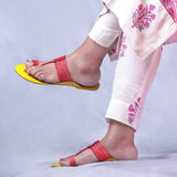 Women's Genuine Leather Kolhapuri Chappal - Footwear Frenzy: Get Funky With Yellow-Red Colors