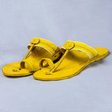 Women's Genuine Leather Kolhapuri Chappal - Floral Delight: Yellow Colored Flower Punch