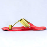 Women's Genuine Leather Kolhapuri Chappal - Floral Delight: Red Green Colored Flower Punch