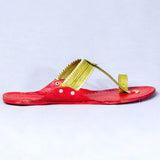 Women's Genuine Leather Kolhapuri Chappal - Floral Delight: Red Green Colored Flower Punch