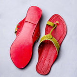 Women's Genuine Leather Kolhapuri Chappal - Floral Delight: Red Green Colored Flower Punch