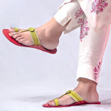 Women's Genuine Leather Kolhapuri Chappal - Floral Delight: Red Green Colored Flower Punch