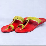 Women's Genuine Leather Kolhapuri Chappal - Floral Delight: Red Green Colored Flower Punch