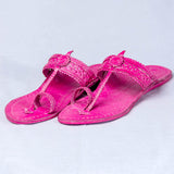 Women's Genuine Leather Kolhapuri Chappal - Artistic Punches & Flower In Pink Color