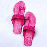 Women's Genuine Leather Kolhapuri Chappal - Artistic Punches & Flower In Pink Color