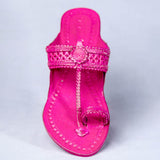 Women's Genuine Leather Kolhapuri Chappal - Artistic Punches & Flower In Pink Color